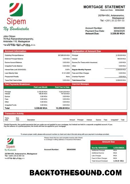 İndir Madagaskar SIPEM Banque İpotek Hesap Özeti Word and PDF Örnek tasarım