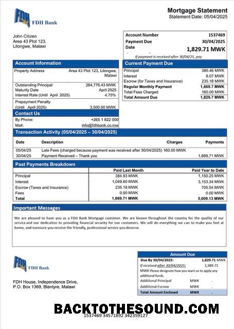 İndir Malavi FDH Banka İpotek Hesap Özeti Word and PDF Örnek şablon