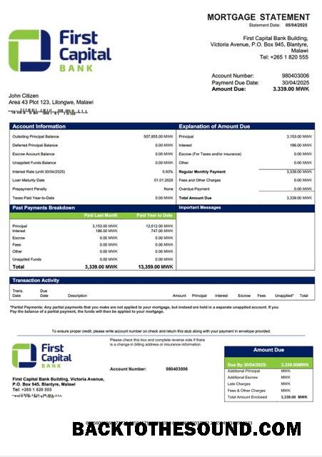 İndir Malavi First Capital Banka Malavi İpotek Hesap Özeti Word and PDF Örnek şablon