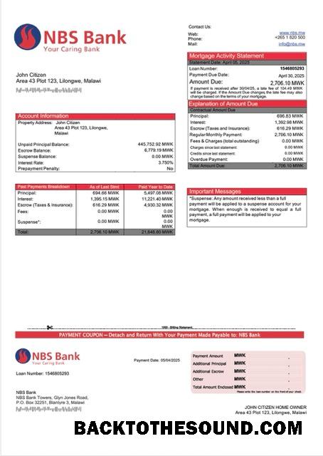 İndir Malavi NBS Banka İpotek Hesap Özeti Word and PDF Örnek taslak