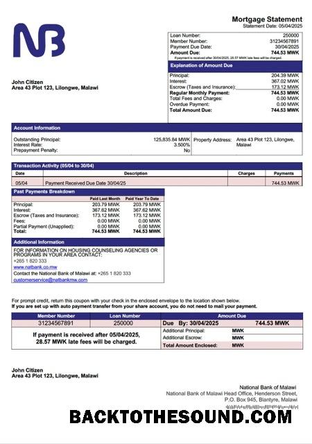 İndir Malavi ulusal Banka of Malavi İpotek Hesap Özeti Word and PDF Örnek ön izleme
