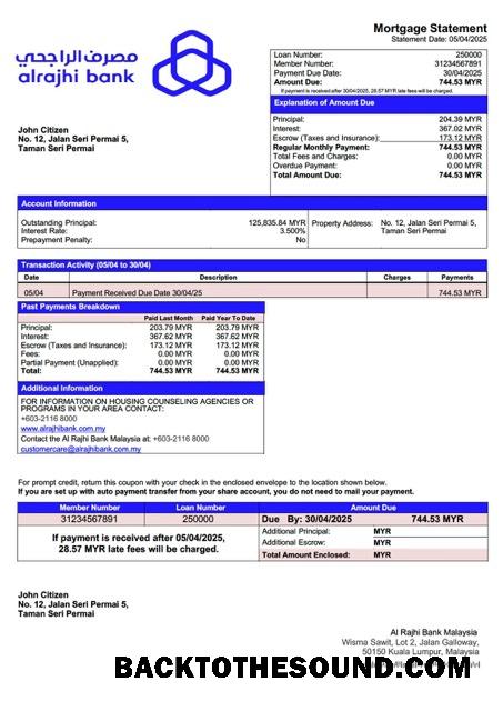 İndir Malezya Al Rajhi Banka Malezya İpotek Hesap Özeti Word and PDF Örnek tasarım