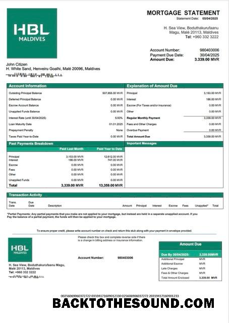 İndir Maldivler Habib Banka Limited (HBL) İpotek Hesap Özeti Word and PDF Örnek tasarım