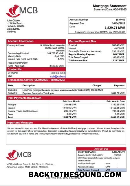 İndir Maldivler The Mauritius ticari Banka (Maldivler) İpotek Hesap Özeti Word and PDF Örnek tasarım
