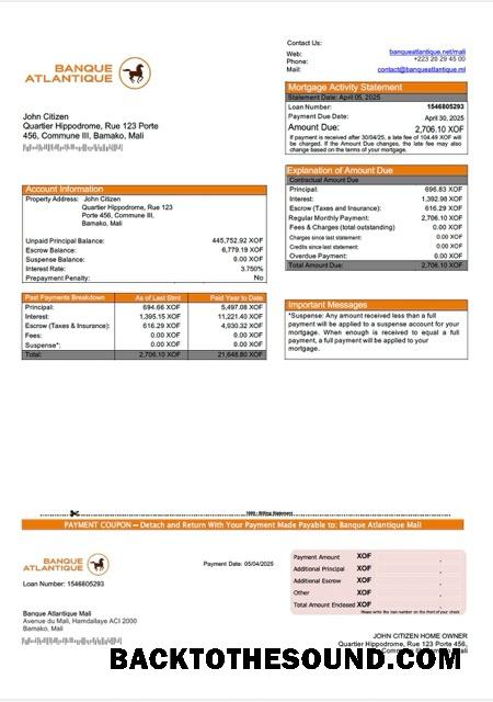 İndir Mali Banque Atlantique Mali İpotek Hesap Özeti Word and PDF Örnek şablon