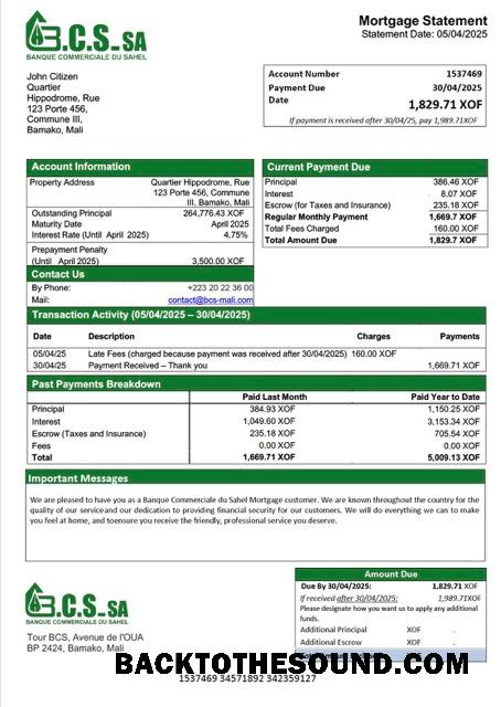 İndir Mali Banque Commerciale du Sahel (BCS) İpotek Hesap Özeti Word and PDF Örnek tasarım