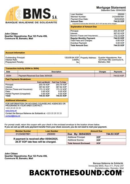 İndir Mali Banque Malienne de Solidarité (BMS) İpotek Hesap Özeti Word and PDF Örnek örnek