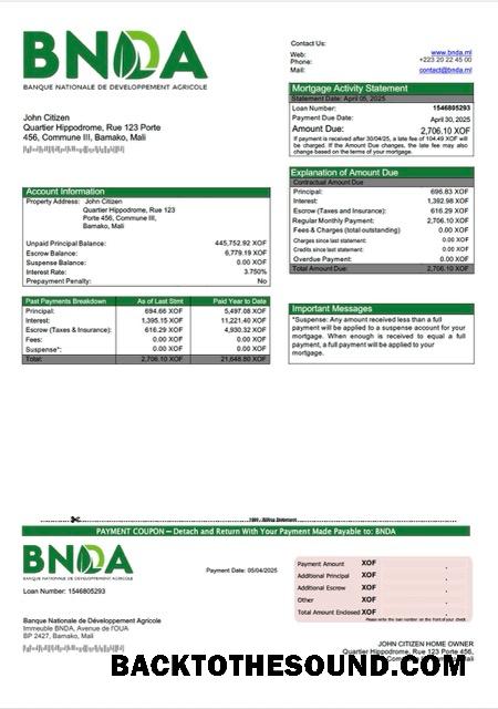 İndir Mali Banque Nationale de Développement Agricole (BNDA) İpotek Hesap Özeti Word and PDF Örnek taslak