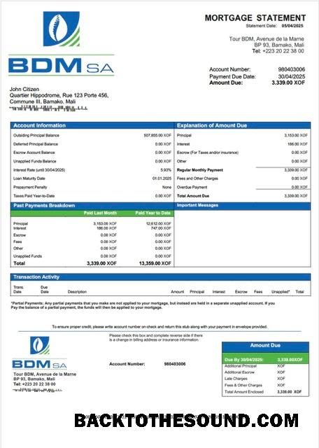 İndir Mali Banque du Développement du Mali (BDM) İpotek Hesap Özeti Word and PDF Örnek örnek