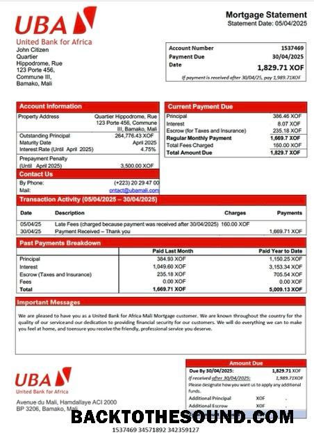 İndir Mali birleşik Banka for Africa Mali İpotek Hesap Özeti Word and PDF Örnek tasarım