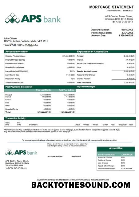 İndir Malta APS Banka PLC İpotek Hesap Özeti Word and PDF Örnek taslak