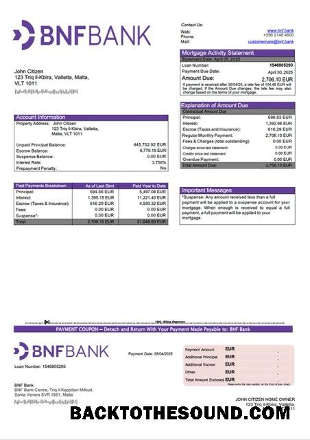 İndir Malta BNF Banka İpotek Hesap Özeti Word and PDF Örnek tasarım