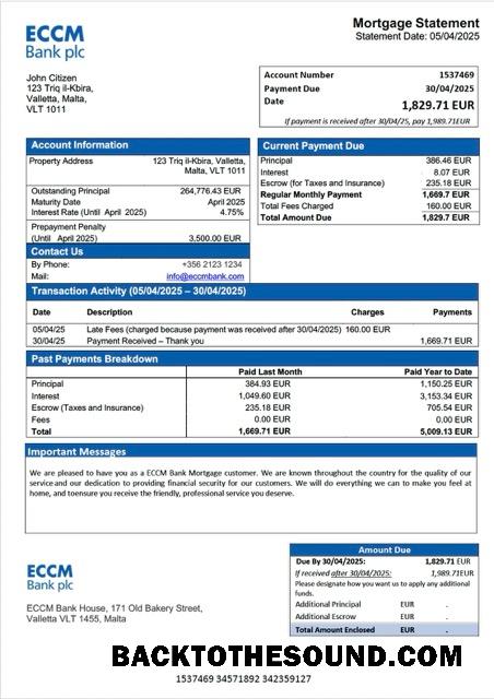 İndir Malta ECCM Banka İpotek Hesap Özeti Word and PDF Örnek şablon