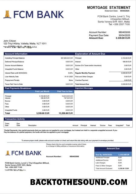 İndir Malta FCM Banka İpotek Hesap Özeti Word and PDF Örnek tasarım