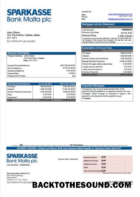 İndir Malta Sparkasse Banka Malta PLC İpotek Hesap Özeti Word and PDF Örnek tasarım