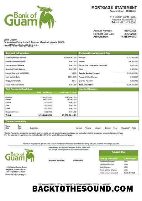 İndir Marshall Adaları Banka of Guam İpotek Hesap Özeti Word and PDF Örnek ön izleme