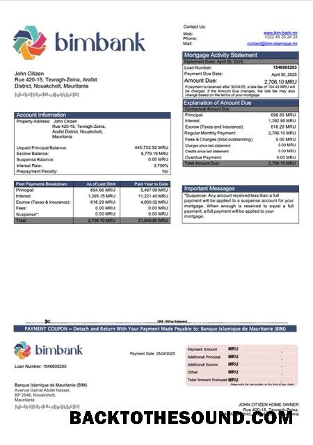 İndir Moritanya Banque Islamique de Mauritanie (BIM) İpotek Hesap Özeti Word and PDF Örnek tasarım