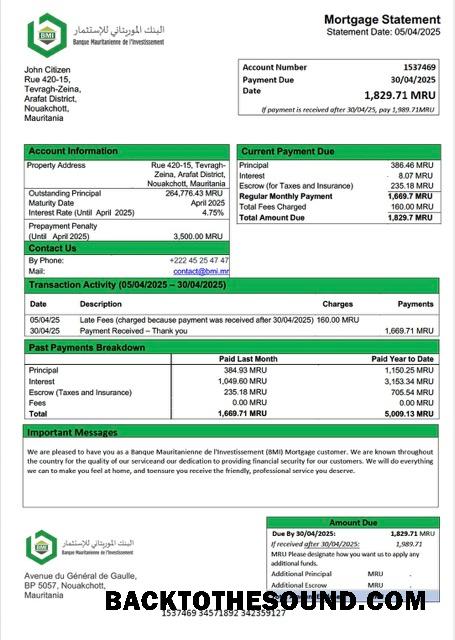 İndir Moritanya Banque Mauritanienne de l'Investissement (BMI) İpotek Hesap Özeti Word and PDF Örnek taslak