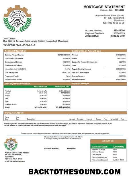 İndir Moritanya Banque Nationale de Mauritanie (BNM) İpotek Hesap Özeti Word and PDF Örnek örnek