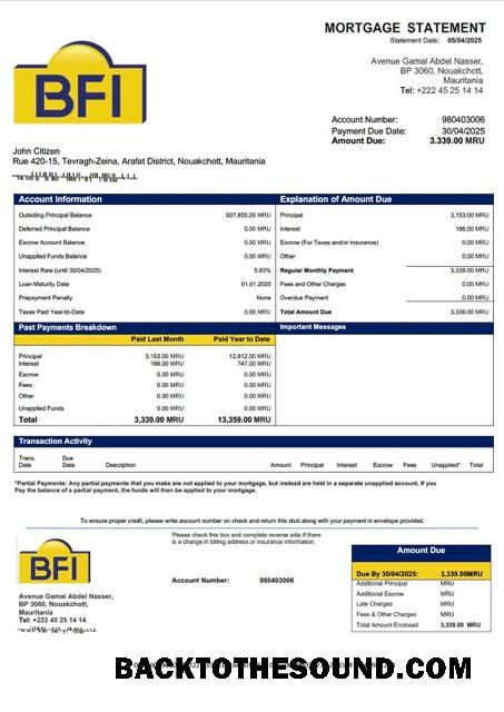 İndir Moritanya Banque des Financements Islamiques (BFI) İpotek Hesap Özeti Word and PDF Örnek taslak