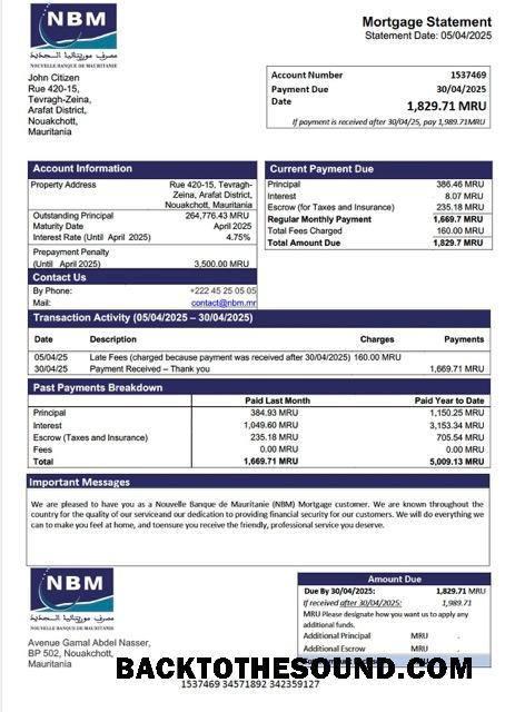 İndir Moritanya Nouvelle Banque de Mauritanie (NBM) İpotek Hesap Özeti Word and PDF Örnek tasarım