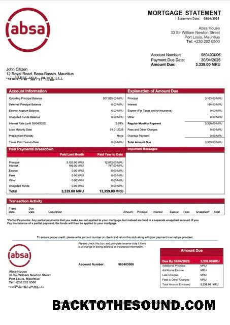 İndir Mauritius Absa Banka İpotek Hesap Özeti Word and PDF Örnek taslak