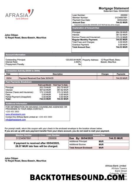 İndir Mauritius AfrAsia Banka Limited İpotek Hesap Özeti Word and PDF Örnek tasarım