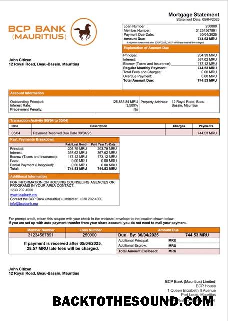 İndir Mauritius BCP Banka (Mauritius) Limited İpotek Hesap Özeti Word and PDF Örnek taslak