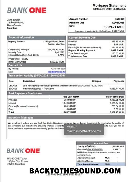 İndir Mauritius Banka One Limited İpotek Hesap Özeti Word and PDF Örnek örnek