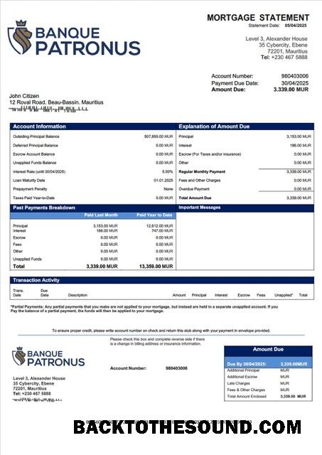 İndir Mauritius Banque Patronus Limitée İpotek Hesap Özeti Word and PDF Örnek örnek