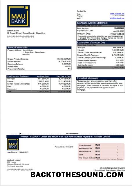 İndir Mauritius MauBank Limited İpotek Hesap Özeti Word and PDF Örnek şablon