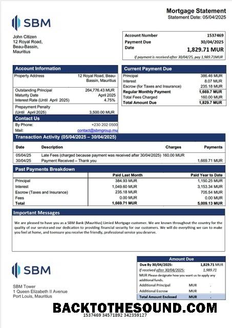 İndir Mauritius SBM Banka (Mauritius) Limited İpotek Hesap Özeti Word and PDF Örnek şablon