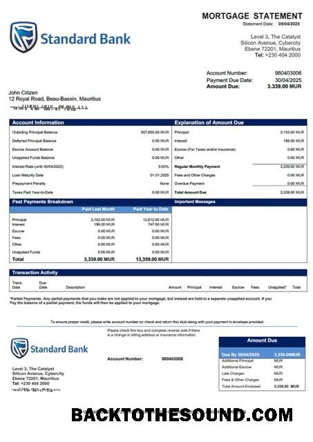 İndir Mauritius standart Banka (Mauritius) Limited İpotek Hesap Özeti Word and PDF Örnek tasarım
