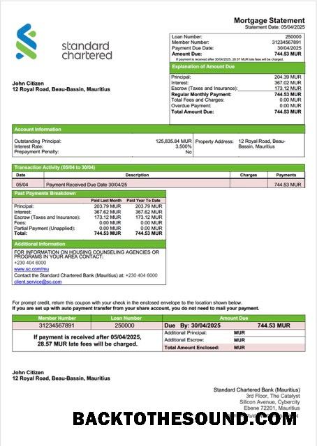 İndir Mauritius standart Chartered Banka (Mauritius) İpotek Hesap Özeti Word and PDF Örnek ön izleme