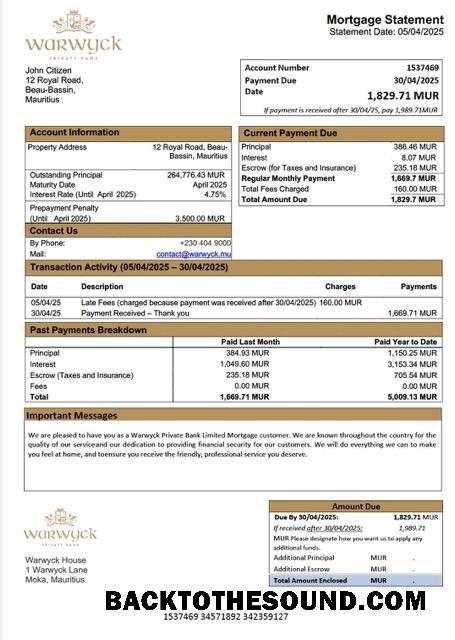 İndir Mauritius Warwyck Private Banka Limited İpotek Hesap Özeti Word and PDF Örnek tasarım