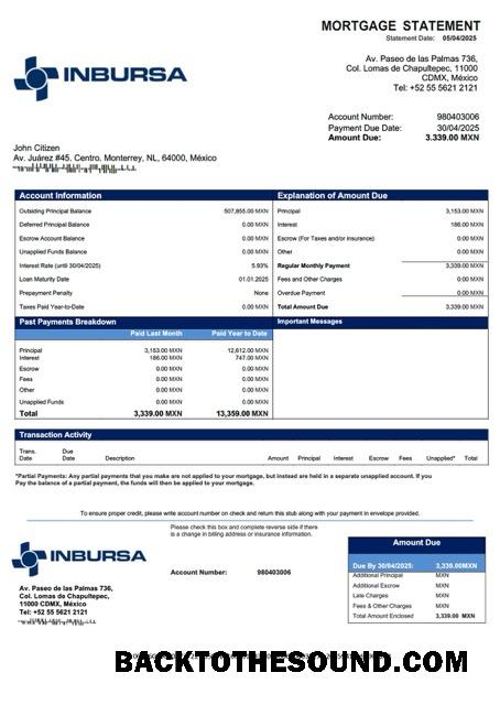 İndir Meksika Banco Inbursa İpotek Hesap Özeti Word and PDF Örnek taslak