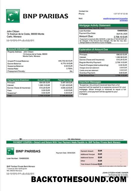 İndir Monako BNP Paribas Private Banka Monako İpotek Hesap Özeti Word and PDF Örnek ön izleme