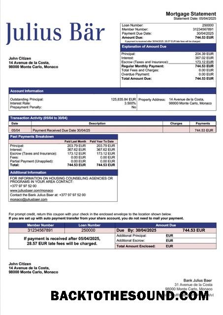 İndir Monako Banka Julius Baer İpotek Hesap Özeti Word and PDF Örnek şablon