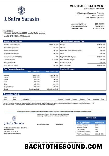 İndir Monako Banque J. Safra (Monako) İpotek Hesap Özeti Word and PDF Örnek şablon