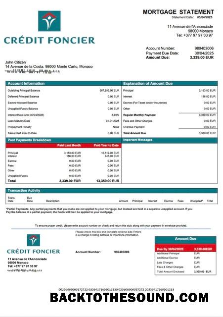 İndir Monako Kredi Foncier de Monako İpotek Hesap Özeti Word and PDF Örnek şablon