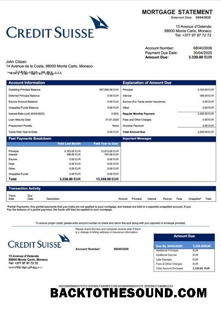 İndir Monako Kredi Suisse (Monako) İpotek Hesap Özeti Word and PDF Örnek tasarım