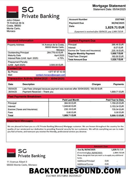 İndir Monako SG Private Banking (Monako) İpotek Hesap Özeti Word and PDF Örnek şablon