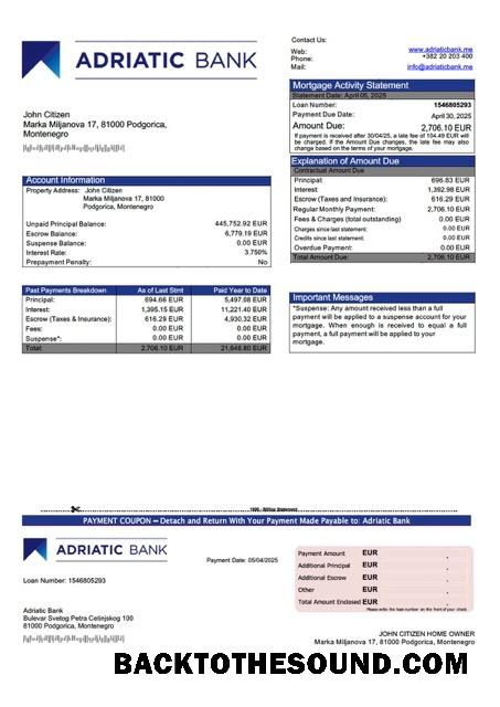 İndir Karadağ Adriatic Banka İpotek Hesap Özeti Word and PDF Örnek tasarım