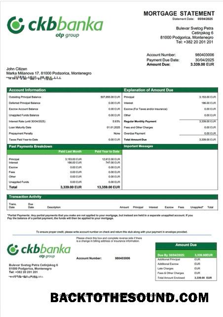 İndir Karadağ Crnogorska komercijalna banka İpotek Hesap Özeti Word and PDF Örnek taslak