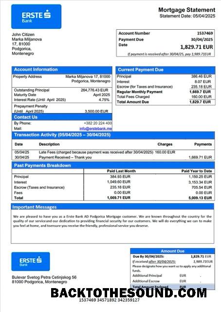 İndir Karadağ Erste Banka AD Podgorica İpotek Hesap Özeti Word and PDF Örnek şablon