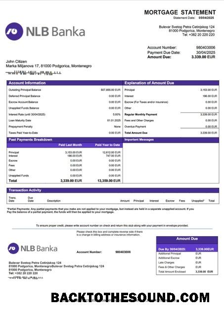 İndir Karadağ NLB Banka Podgorica İpotek Hesap Özeti Word and PDF Örnek tasarım