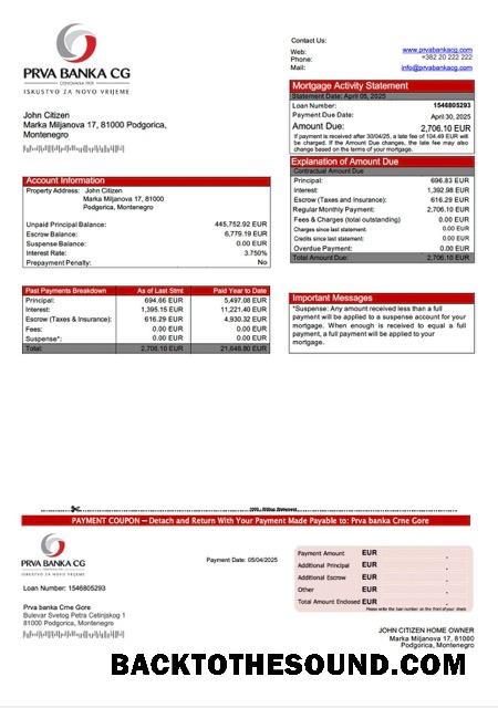 İndir Karadağ Prva banka Crne Gore İpotek Hesap Özeti Word and PDF Örnek tasarım