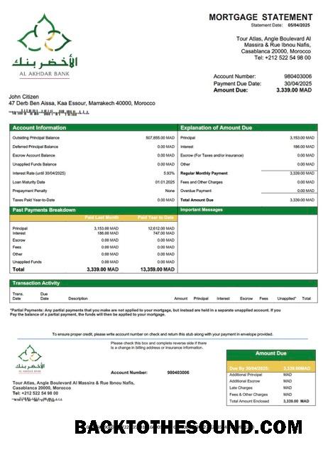 İndir Fas Al Akhdar Banka (AAB) İpotek Hesap Özeti Word and PDF Örnek ön izleme