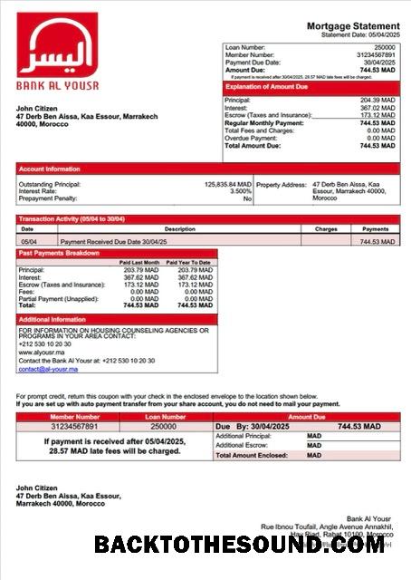 İndir Fas Banka Al Yousr İpotek Hesap Özeti Word and PDF Örnek taslak