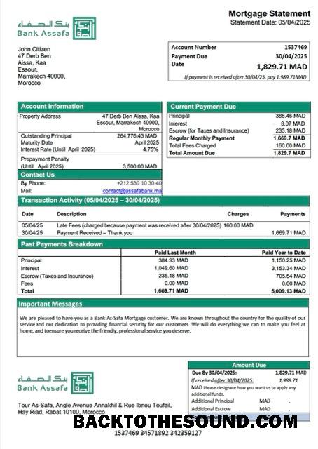 İndir Fas Banka As Safa İpotek Hesap Özeti Word and PDF Örnek şablon